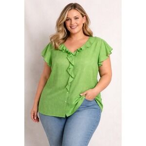 Liz Claiborne Green Chevron Ruffle Blouse Women's 2X Flutter Sleeve Button Front